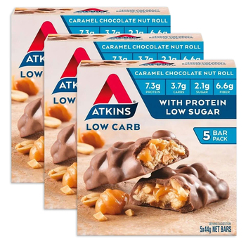 3x 5pc Atkins Advantage Low Carb Caramel Chocolate Nut Roll Bars 44g