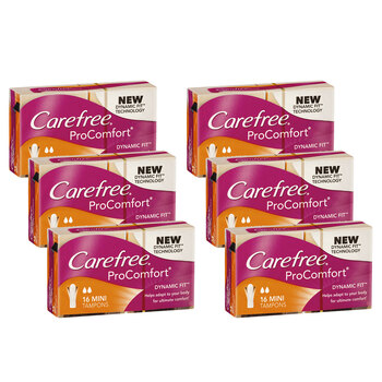 6x 16pc Carefree Mini Tampons Pro Comfort Dynamic Fit