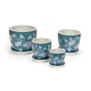 4pc Ceramic Tall Pot Planter w/ Saucer Garden Decor - Jade/White