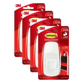 4PK 3M Command No Nail Jumbo Hanging Utility Wall Hook Holds 3.4kg White