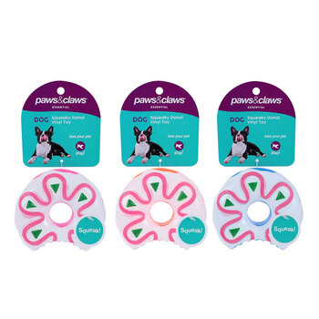 3x Paws & Claws 10cm Vinyl Donuts Squeaky Pet/Dog Toy - Assorted