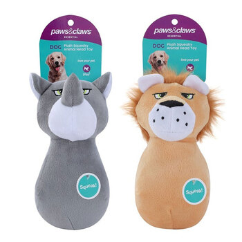 2PK Paws & Claws Plush Squeaky Animal Head Pet Dog Toy Assorted