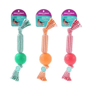 3PK Paws & Claws Dental Tugger Dog/Pet Toy TPR Ball + Braided Rope Assorted 37cm