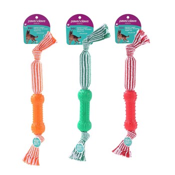 3PK Paws & Claws Dental Tugger Dog/Pet  Toy TPR Bone + Braided Rope Assorted 43cm