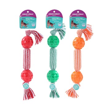 3PK Paws & Claws Dental Tugger Dog/Pet  Toy TPR Balls + Braided Rope Assorted 38cm