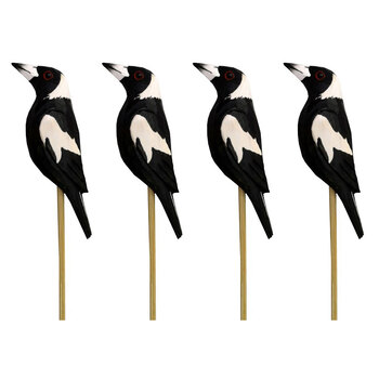 4x Timber Magpie on Stick 6.6cm Bird Ornament Decor - Black