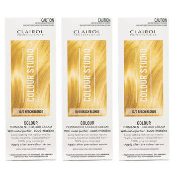 3PK Clairol Professional Permanent Hair Colour Cream 10/0 Beach Blonde Dye