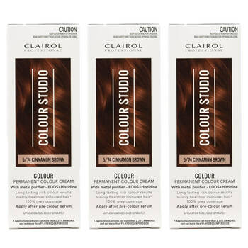 3PK Clairol Professional Permanent Hair Colour Cream 5/74 Cinnamon Brown Dye
