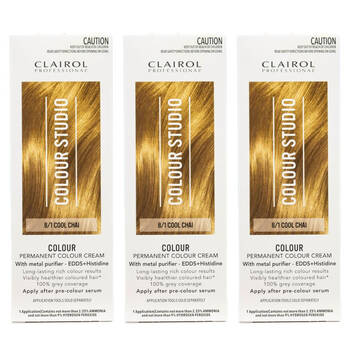 3PK Clairol Professional Permanent Hair Colour Cream Studio 8/1 Cool Chai Dye