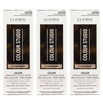 3PK Clairol Professional Permanent Hair Colour Cream 4/0 Dark Brownie Dye