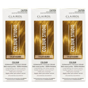 3PK Clairol Professional Permanent Hair Colour Cream 7/0 Latte Blonde Dye