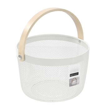 Boxsweden 26x18cm Mesh Round Basket w/ Wood Handle - White