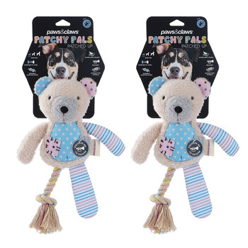2PK Paws & Claws Patchy Pals Plush Rope Bear Pet Dog Toy 36x15x7cm