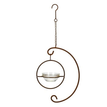 Bird Feeder Hanging Rust w/ Glass Bowl Outdoor Garden Decor
