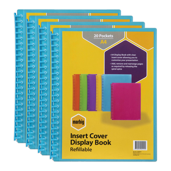 4PK Marbig 20-Pocket A4 Refillable Clearview Display Book - Translucent Marine