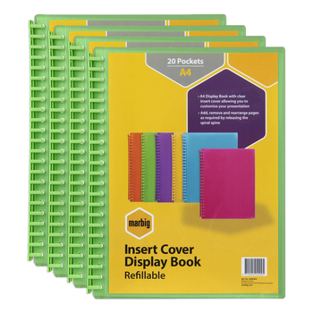 4PK Marbig 20-Pocket A4 Refillable Clearview Display Book - Translucent Lime