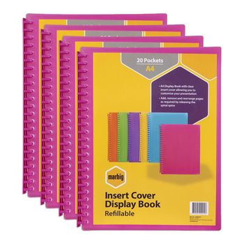 4PK Marbig 20-Pocket A4 Refillable Clearview Display Book - Translucent Pink