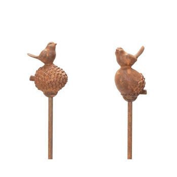  Cast Iron Stake Acorn Bird Sculpture 14x10cm - Rust