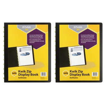 2PK Marbig Kwik A4 Refillable Zip Display Book w/ 20 Pockets - Black