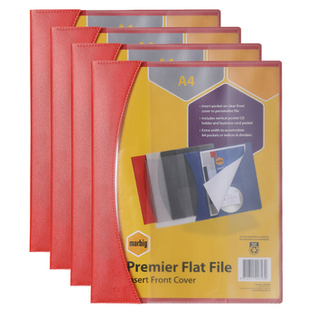 4PK Marbig Premier A4 Flat File Folder w/ Insert Cover - Red