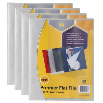 4PK Marbig Premier A4 Flat File Folder w/ Insert Cover - Grey