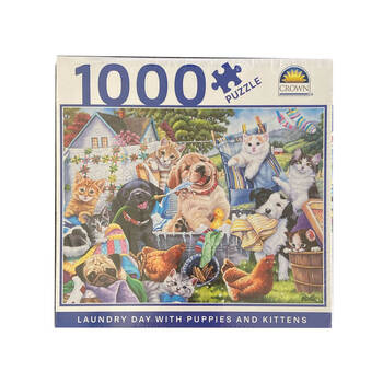 1000pc Crown Jigsaw Puzzle Laundry Day w/ Puppies & Kittens Kids 8y+