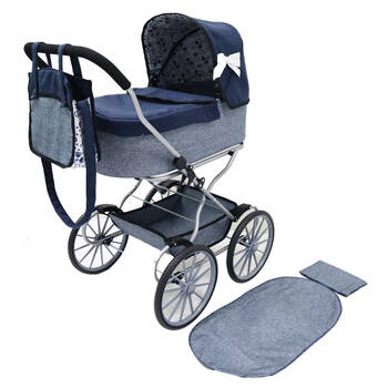 Bayer Classic Doll Pram Kids Stroller Dark Blue & Denim with White Bow