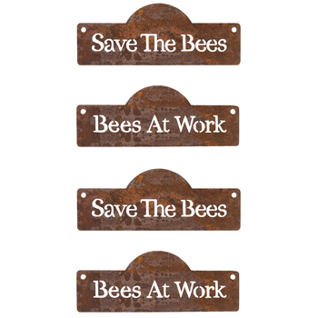 4x Sign Bees 20x8cm Rust Rectangle Hanging Wall Ornament - Assorted
