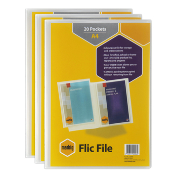 3PK Marbig Flic File 20-Pocket A4 Display Book w/ Insert Cover - Clear