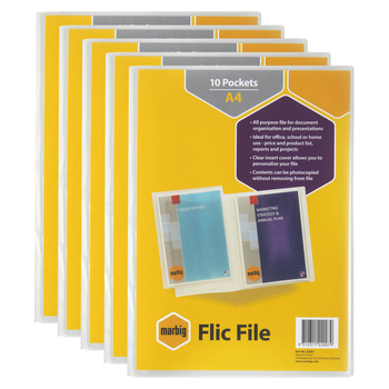 5PK Marbig Flic File 10-Pocket A4 Display Book w/ Insert Cover - Clear