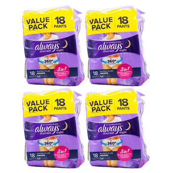 4x 18pc Always Discreet Night Sanitary Pants For Sensitive Bladder 70-100cm