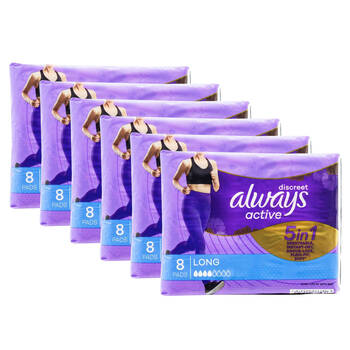 6x 8pc Always Discreet Soft Active Sanitary Naxin Menstrual Pads Long