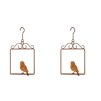 2x Hanging Bird on Perch 27cm Rust Metal Ornament Decor - Brown