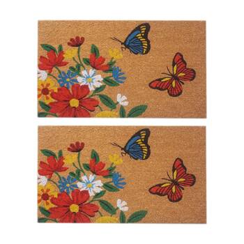 2PK Solemate Coir Backed Colourful Butterfly With Flowers Doormat 45x75cm