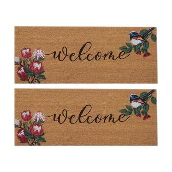 2PK Solemate Coir Backed Welcome Floral Doormat With Blue Wren Flowers 45x110cm