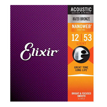 Elixir #11052 Acoustic Nanoweb Guitar String 80/20 Bronze 12-53 Light