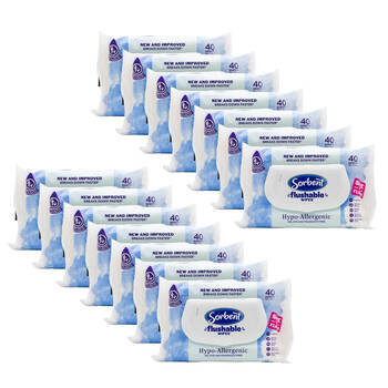 14x 40pc Sorbent Flushable Wipes Hypo Allergenic 19.5x15cm Non-Scented Disposable