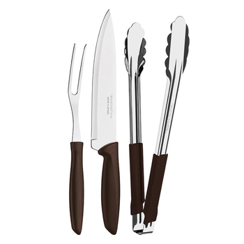 3pc Tramontina Fork/Knife/Tongs Barbecue Tool Set Kit - Brown