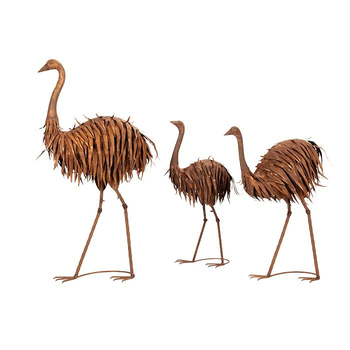 3pc Emu Rust Metal 92/105/125cm Ornament Outdoor Decor - Brown