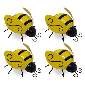 4x Bee 10cm Pot Sitter Garden Planter Ornament Decor Small - Yellow