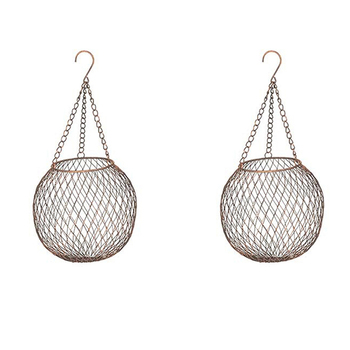 2x Hanging 17cm Ball Metal Mesh w/ Hook Planter Garden Decor Medium - Brown