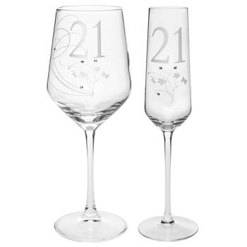 2pc Gibson Gifts 21 Birthday Crystal Wine & Champagne Glass Combo Set Clear
