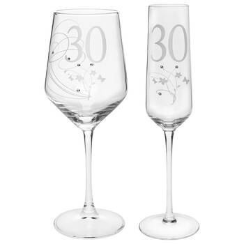 2pc Gibson Gifts 30 Birthday Crystal Wine & Champagne Glass Combo Set Clear