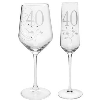 2pc Gibson Gifts 40 Birthday Crystal Wine & Champagne Glass Combo Set Clear