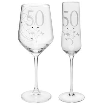 2pc Gibson Gifts 50 Birthday Crystal Wine & Champagne Glass Combo Set Clear
