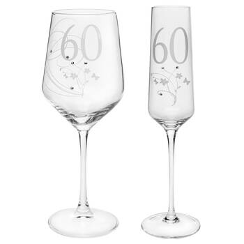 2pc Gibson Gifts 60 Birthday Crystal Wine & Champagne Glass Combo Set Clear