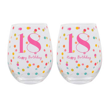 2PK Gibson Gifts 18 Birthday Party Stemless Glass Tumbler - Pink