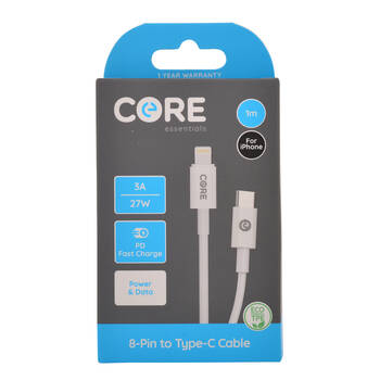 Core 8-Pin to USB-C Cable Charging Cord 1m For Apple iPhone 14/13 - White
