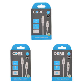 3PK Core 8-Pin to USB-C Cable Charging Cord 1m For Apple iPhone 14/13 - White