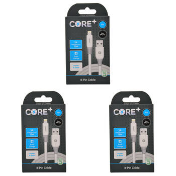 3PK Core+ 8-Pin to USB-A Cable Charging Cord 1m For Apple iPhone 14/13 - White